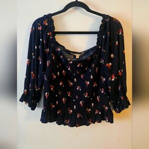 Rewind Black and Red Smocked Blouse with Ruffled Sleeves